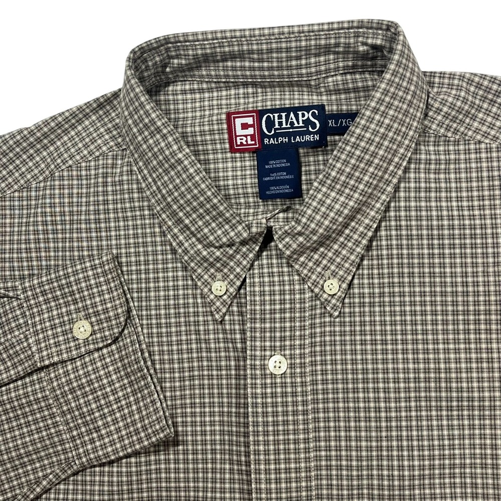 Vintage Chaps Ralph Lauren Button Down Shirt Men's XL Beige Navy Check Preppy